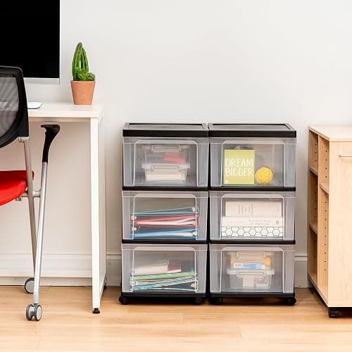 IRIS USA Plastic 3-Drawer Storage Organizer Rolling Cart, with Wheels Casters, 2-Pack, for Classroom Art Supplies Dresser Closet Bathroom Dorm Bedroom Laundry Room, Slim Narrow, Black/Clear - 3 Drawer w/Wheels - Black thumbnail 8