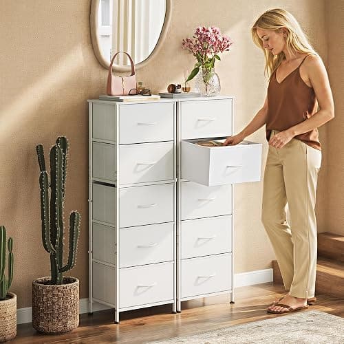WLIVE Tall Dresser for Bedroom, 5 Drawer Dresser, White | 5 vertical fabric drawers, Tall vertical design, Bedroom or closet use, Dresser for small spaces, Chest of drawers thumbnail 2