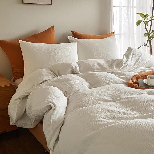 SE SOFTEXLY Muslin Duvet Cover King Size, 100% Washed Cotton Duvet Cover Set, Ultra Soft Comforter Cover Linen Like, 3 Pieces Minimalist Gauze Duvet Cover with 2 Pillowcases, 90"x104", White thumbnail 4