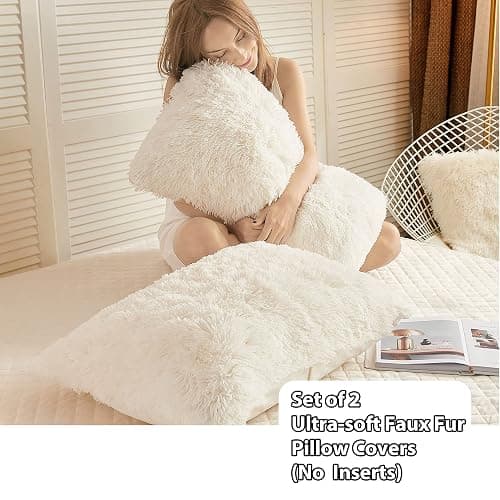 LIFEREVO Fluffy Faux Fur Standard Pillow Cases Set of 2, Beige | Soft Plush Shaggy Bed Pillowcases 20x26 with Hidden Zipper, Washable Decorative Fuzzy Long Pillow Shams for Bed Sofa Office thumbnail 2