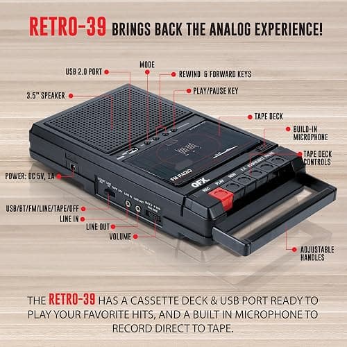 QFX RETRO-39 Portable Shoebox Cassette Tape Recorder – USB to Cassette Recording, Built-in Microphone, 3.5" Bluetooth Speaker, FM Radio, MP3 Playback, Line-in/Out, AC/Battery Powered thumbnail 3