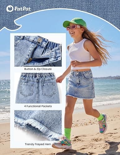 PATPAT Denim Skirt for Girls 5-14 Years, A-Line Mid Waist Mini Jean Skirt with Elastic Waistband & Frayed Hem thumbnail 4