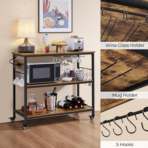 Yaheetech Kitchen Island Cart with Power Outlet, Kitchen Carts on Wheels with Storage, 3-Tier Microwave Stand with Foodpads, Glass and Mug Holders, 8 Hooks, Rustic Brown thumbnail 5