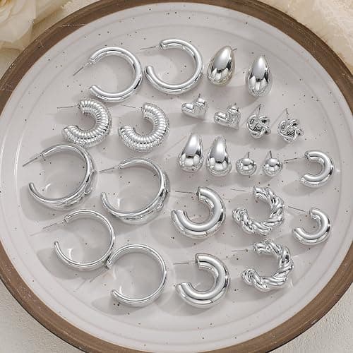 12 Pairs Chunky Silver Hoop Earrings for Women Trendy, Silver Plated Lightweight Thick Open Twisted Stack, Non Tarnish Huggie Hoops Earring Set thumbnail 5