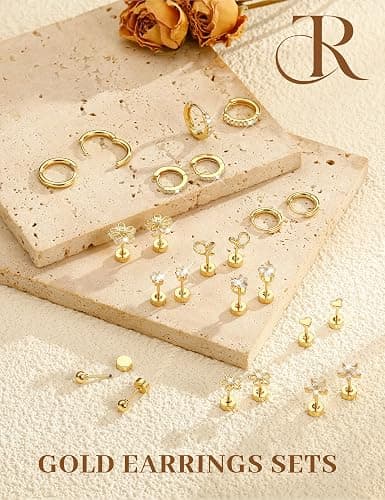 Hypoallergenic Gold Stud Earrings for Women - 14k Gold Plated Surgical Stainless Steel Flat back Earrings Set Small Huggie Hoop Flatback Earring for Sensitive Ears Screw Back Cartilage Piercing Jewelry thumbnail 7