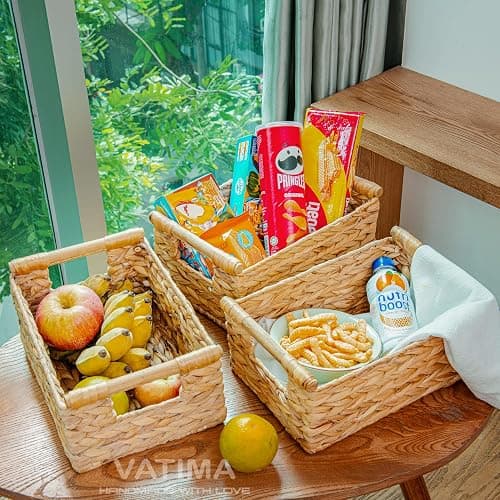 VATIMA Hyacinth Small Wicker Basket 11.6x8.1x4.9" - Bathroom Organizer, Wooden Handle, Decorative Storage thumbnail 9