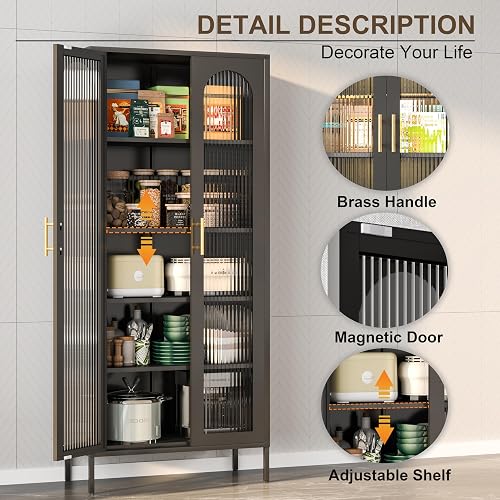 CBNTKI 71" Kitchen Pantry Cabinet,Tall Storage Cabinets with Glass Doors and LED Light,Glass Display Black Cabinet for Dinning Room,Living Room,Kitchen,Entryway thumbnail 4
