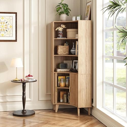 Vudanfe Tall Corner Cabinet with Fluted Doors, 5-Tier Coffee Bar Cabinet with Storage, Narrow Storage Cabinets with Adjustable Shelves, Bathroom Organizers and Storage for Small Space, Natural thumbnail 4