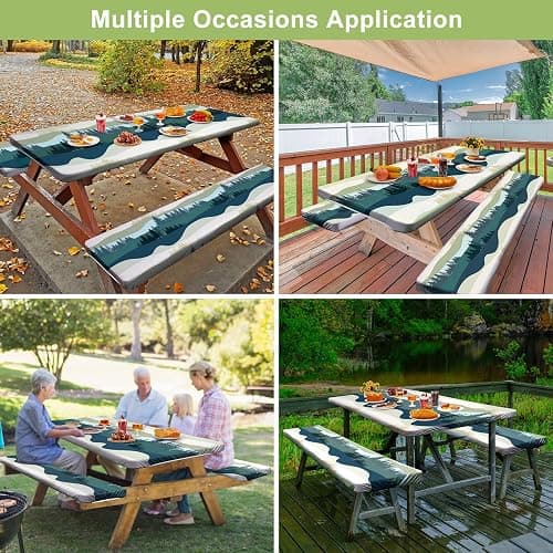 Picnic Table Cover with Bench Covers Camping Essentials Waterproof Windproof Camping Tablecloth with Drawstring Bag, Fitted Rectangle Tables and Seats, 72in, Green Blue thumbnail 7