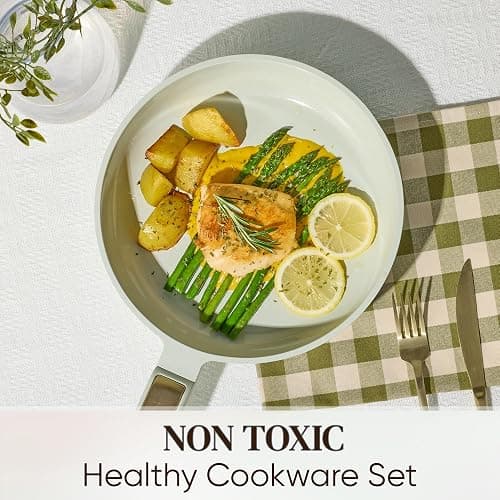 CAROTE Ceramic Cookware Set Nonstick, 14pcs Pots and Pans Set Nonstick, Non-Toxic & PFAS-Free, Dishwasher, RV/Camping Cookware Set, Cooking Pots with Lids, Sage Green thumbnail 5
