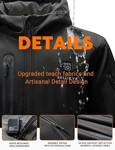 SOLJIKYE Heated Jacket for Men with 12V/20000mAh Battery Pack, Men's Winter Jackets Soft Shell Electric Heated Coat thumbnail 7