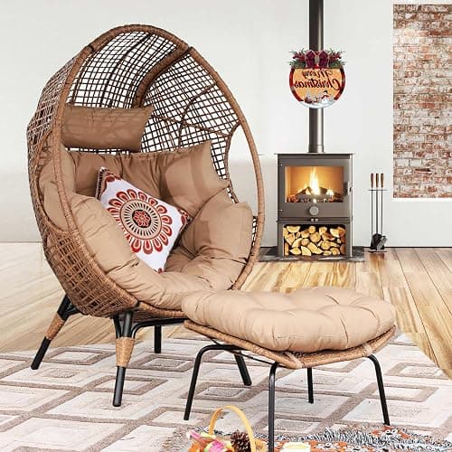 NICESOUL Egg Chair Indoor Outdoor, Large Egg Lounge Chair w/Ottoman, Oversized Comfy Cushioned Brid Cage Seat 440lbs, Boho Nest Seat with Footstool for Patio, Bedroom, Lawn, Backyard, Brown thumbnail 4