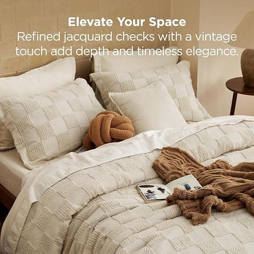 Bedsure Queen Size Comforter Set Beige, Boho Tufted Bed Set, Checkered Farmhouse Shabby Chic Bedding, 3 Pieces, 1 Plaid Geometric Comforter and 2 Pillow Shams thumbnail 3
