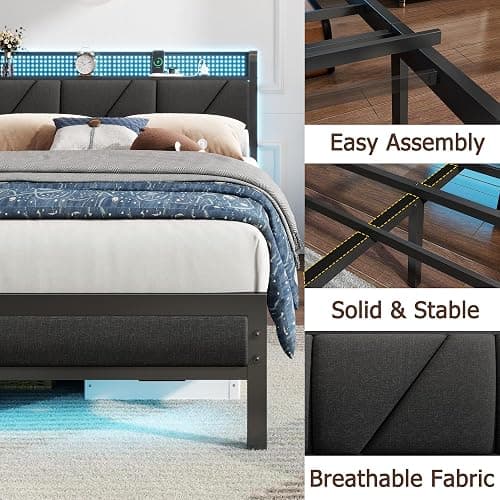 Furnulem Queen Bed Frame with Headboard and Storage Shelf, LED Light and Charging Station, Metal Platform Bed with Heavy Duty Slats, No Box Spring Needed, Noise Free & Easy Assembly thumbnail 6