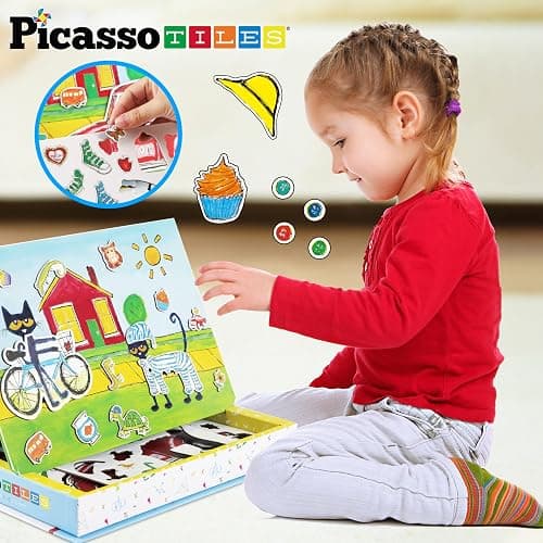 PicassoTiles Pete The Cat 80pc Magnetic Board Game Puzzle Playset Reusable Mix & Match Cartoon Toy with Storytelling, STEM Learning Activity Book and Storage Educational Kids Toys for Ages 3+ PTC02 thumbnail 6