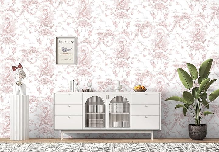 Timeet Peel and Stick Wallpaper Pink and White Self Adhesive Wallpaper Cupid Manor Painting 41x300CM Waterproof Vinyl Wrap Sticky Back Wallpaper for Living Room Bedroom Wall Cabinet Shelf thumbnail 7
