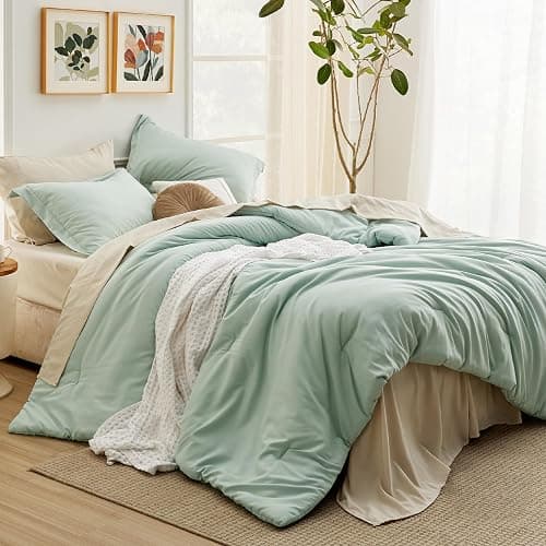 Bedsure Full Size Comforter Set - 7 Pieces Sage Green Full Bedding Set for All Seasons, Boho Contrasting Design Bed in a Bag with Comforter, Sheets, Pillowcases & Shams - Image 1