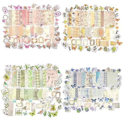 OKUPAN Vintage Floral Scrapbook Paper & Journaling Stickers (400pcs) Assorted Set - 4 Pack Junk Journal Supplies for Bullet Journaling, Retro Crafts, Planner, Mixed Media, Collage Card Album - Image 1
