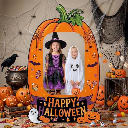 Giant Halloween Photo Booth Props 62x38.6 Inch, Pumpkin Picture Frame Cutout with 10M Ribbon, Happy Halloween Backdrop for Kids Trick or Treat Party Supplies Outdoor Indoor Decorations - Image 1