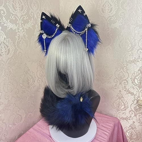 Cat Fox Wolf Ears and Tail Set - Plush Cosplay Clips Headband and Tail for Halloween, Costume Accessories,Gothic Punk 02ALL thumbnail 6