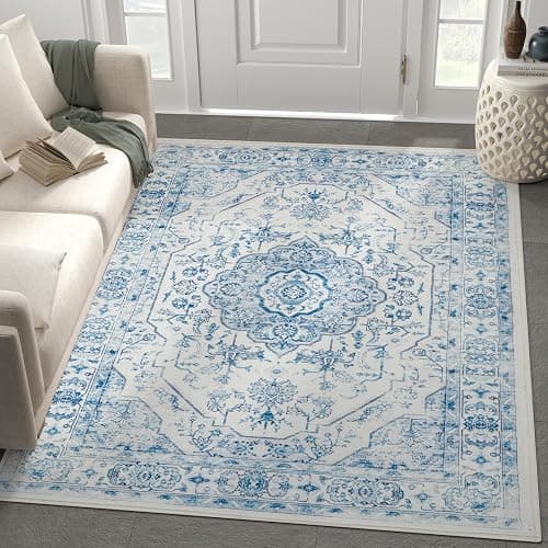 jinchan Area Rug 5x7 Medallion Floral Washable Rug Non Slip Vintage Soft Carpet for Living Room Bedroom Dining Room Distressed Blue - Image 1