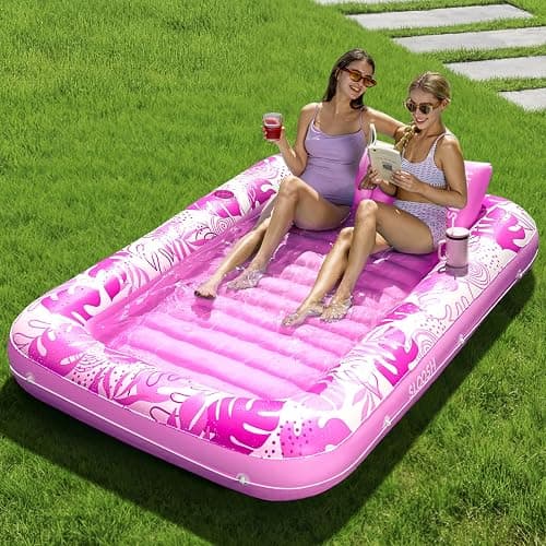 SLOOSH Inflatable Tanning Pool Lounger Float, 85" x 57" Extra Large Pool Floats Adult with Pillow, 4 in 1 Suntan Tub Raft Floatie,Sunbathing Bed Lounge Blow Up Ball Pit Party Gifts, XL-Hot Pink - Image 1