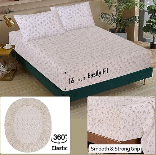 RUVANTI 100% Cotton Sheets – Full Size Percale Bedding, Cooling & Breathable Floral Design, Durable with a Crisp, Soft & Comfortable Feel, 16" Deep Pocket, 4-Piece Set, Twin Spring thumbnail 6