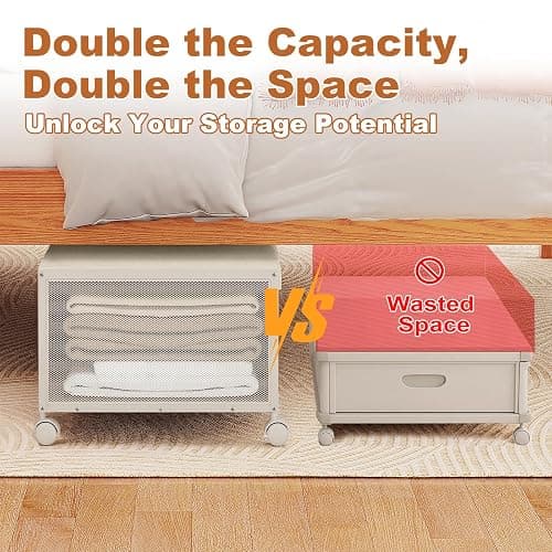 Fokyfok 2PC Under the Bed Storage Containers,12 inch Height Under Bed Shoe Storage,31inch Long Underbed Storage with Wheels,Large Rolling under bed Clothes Storage Drawers with Lid for Dorm Tall,Ivory thumbnail 3