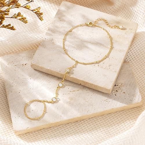 CHESKY 14K Gold Plated Hand Chain Bracelets for Women Stack Jewelry | Dainty Finger Ring Bracelet, Adjustable Hand Chains, Waterproof Beaded Gold Bracelets, Daily Body Jewelry Gift for Women thumbnail 7