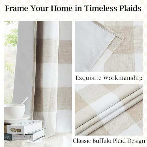 Buffalo Plaid Full Blackout Window Curtains 84 Inches Long Checkered Grommet Panels Farmhouse Geo Energy Efficient Drapes Noise Reducing Thermal Window Treatment Set for Bedroom Tan White,40"x84"x2 thumbnail 5