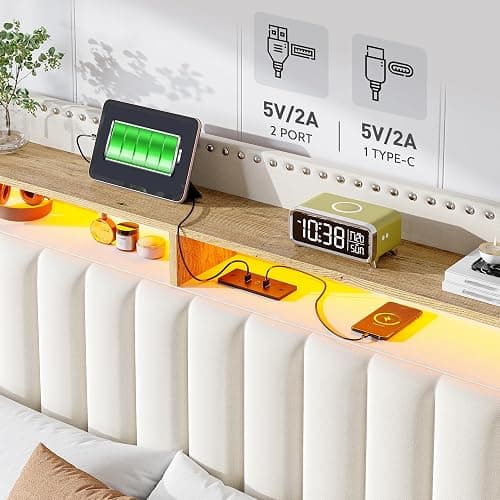 EnHomee Full Size Bed Frame with 2 Drawers, LED & Charging Station, Beige | 2-Tier Storage Headboard, heavy duty 1000lbs wooden slats for bedroom & apartment, noise-Free, Easy Assembly thumbnail 4