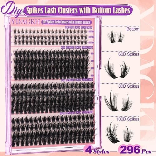 Volume Lash Clusters Spikes Cluster Eyelash Extensions 60D 80D 100D Thick Spiky Individuals Lashes 5-19mm Mega Wispy Eyelash Extension Fluff DIY D Curly Lash Extension with Bottom Lashes 296Pcs thumbnail 3