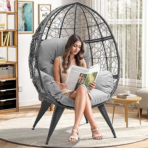 YITAHOME Oversized Wicker Egg Chair for Indoor and Outdoor Use with Stand, Cushion, and Leveling Feet, Large Lounger for Patio, Garden, Backyard, Balcony, Supports up to 330lbs, Grey - Grey - Single seat