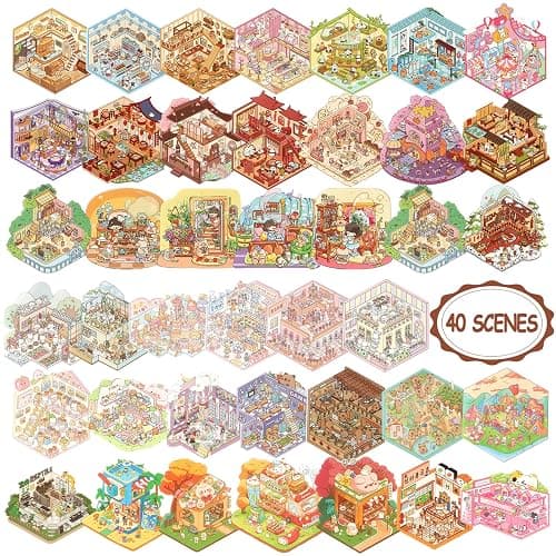 40 Sets DIY 3D Sticker Scene Collection Book Sticker Therapy, 3D House Stickers Set for Kids Adults Make Your Own Shop House Stickers, for Gifts Stress Relief Pass The Time, Cake Shop,Panda Tea Houses thumbnail 8