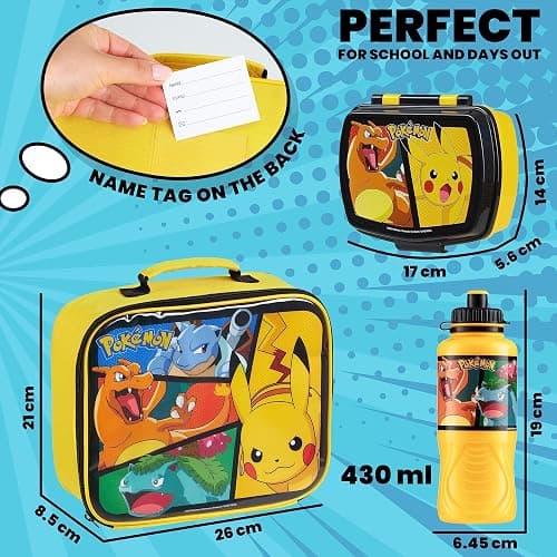 Pokemon Insulated Lunch Bag with Lunch Box Water Bottle Set for Kids 3 Piece School Snack Bag Pikachu Gifts for Kids (Yellow) thumbnail 3