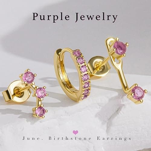 3 Pairs Trendy Small Earrings for Women, Gold Plated Hypoallergenic Stud Huggie Jacket Stack for Cartilage Helix, Dainty Cute Women Fashion Accessories Birthstone Western Jewelry Gifts thumbnail 3