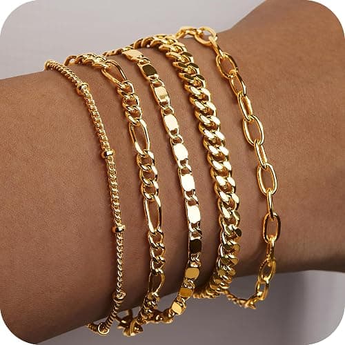 Gokeey Gold Bracelets for Women Non Tarnish Trendy,14K Gold Plated Dainty Stackable Paperclip Cuban Link Chain Bracelets, Simple Cute Cuff Bracelets Jewelry Set Adjustable 7"+2" thumbnail 2