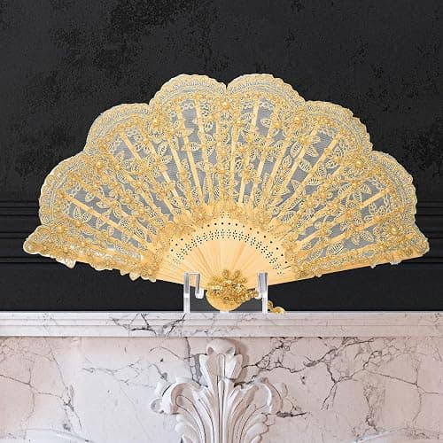 BABEYOND Lace Hand Fan Non-Foldable Vintage Bridal Handheld Fans with Rhinestone and Embroidered for Wedding Decoration Dancing Party (C-gold) thumbnail 7