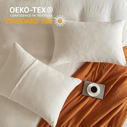 SE SOFTEXLY Muslin Duvet Cover King Size, 100% Washed Cotton Duvet Cover Set, Ultra Soft Comforter Cover Linen Like, 3 Pieces Minimalist Gauze Duvet Cover with 2 Pillowcases, 90"x104", White thumbnail 6