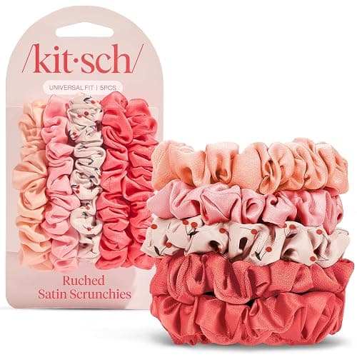Kitsch Satin Scrunchies for Women - No Crease Hair Ties for Girls | Scrunchies For All Hair Types and Textures, Perfect for Day or Night | Ideal Gifts for Women - Assorted Cherry Blossom, 5pcs - Image 1