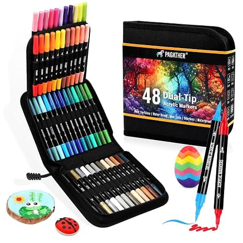 48 Colors Acrylic Paint Markers, Dual Tip with Fine Tip and Brush Tip Pens for Stone, Wood, Calligraphy, Canvas, Ceramic, Metal, Glass, Rock Painting, DIY Crafts Art Supplies Kit thumbnail 8
