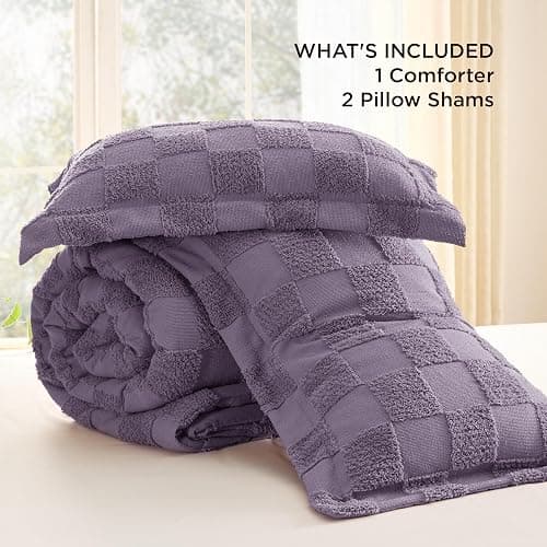 Bedsure Queen Size Comforter Set Grayish Purple, Boho Tufted Bed Set, Checkered Farmhouse-Style Distressed Vintage Bedding, 3 Pieces, 1 Plaid Geometric Comforter and 2 Pillow Shams thumbnail 6