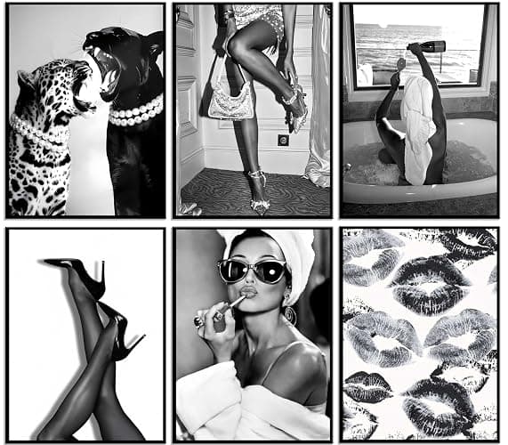 6pcs Trendy Black White Woman Wall Art Luxury Woman Drinking in Bathtub Wall Decor Fashion Cheetah Poster Print Heels Lips Pictures Paintings For Living Room Bedroom Dorm Apartment 8×10 In Unframed - Image 1