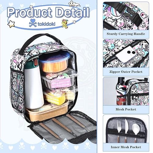 tokidoki Insulated Lunch Bag, Reusable Lunchbox for Work | 8.26"x3.54"x10.23". Polyester, insulated, reinforced handle, clasp. Side mesh, front pocket. For picnic, travel. thumbnail 5