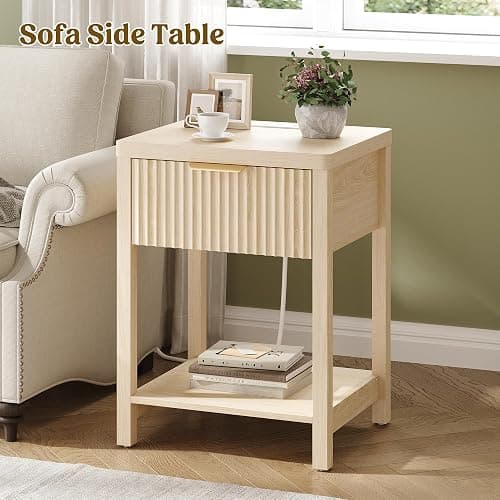 Lulive Fluted Night Stand with Drawers, Fluted Nightstand with Charging Station, Wood Modern Bedside End Table with Storage Drawer for Bedroom, Save Space (Set of 1, Natural Oak) thumbnail 2