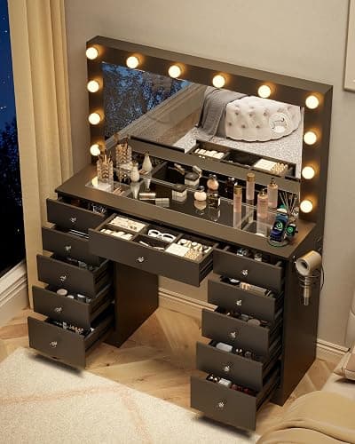 Otterease Black Makeup Vanity, 11 Drawers Vanity with Mirror and 12 LED Lights, Makeup Vanity Desk with 3 Lighting Modes Adjustable Brightness, Vanity with Glass Top for Bedroom thumbnail 9
