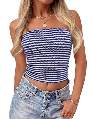 ZESICA Women's Spring Striped Strapless Crop Tube Tops 2026 Summer Knit Bandeau Going Out Shirts Y2K Beach Vacation Outfits - Image 1