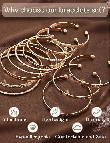 12Pcs Gold Bangle Bracelets for Women 14K Plated Adjustable Indian Boho Set | Stackable Layered Textured Bangle Set, Boho Gold Plated Bracelets, Lightweight Non Tarnish Jewelry, Great Gift for Women thumbnail 4