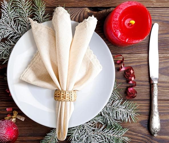 Lightnpro Cloth Dinner Napkins in Cotton Flax Fabric with Lace & Tailored Mitered Corners – 18x18 Inch Set of 12, Wedding, Baby Shower & Cocktail Napkin, Machine Washable Fabric Napkins Natural Color thumbnail 2