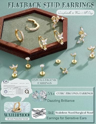 IRONBOX Hypoallergenic Flat Back Earrings for Women Cartilage Earring Stack | Stainless Surgical Steel Earrings for Sensitive Ears,Flatback Stud Hoop Earring Set,Helix Tragus Conch Daith Piercing Jewelry thumbnail 2